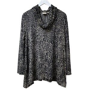 CHICOS Leopard Top Medium (Chico's 1) Cowl Neck Jersey Gray Black Long Sleeve
